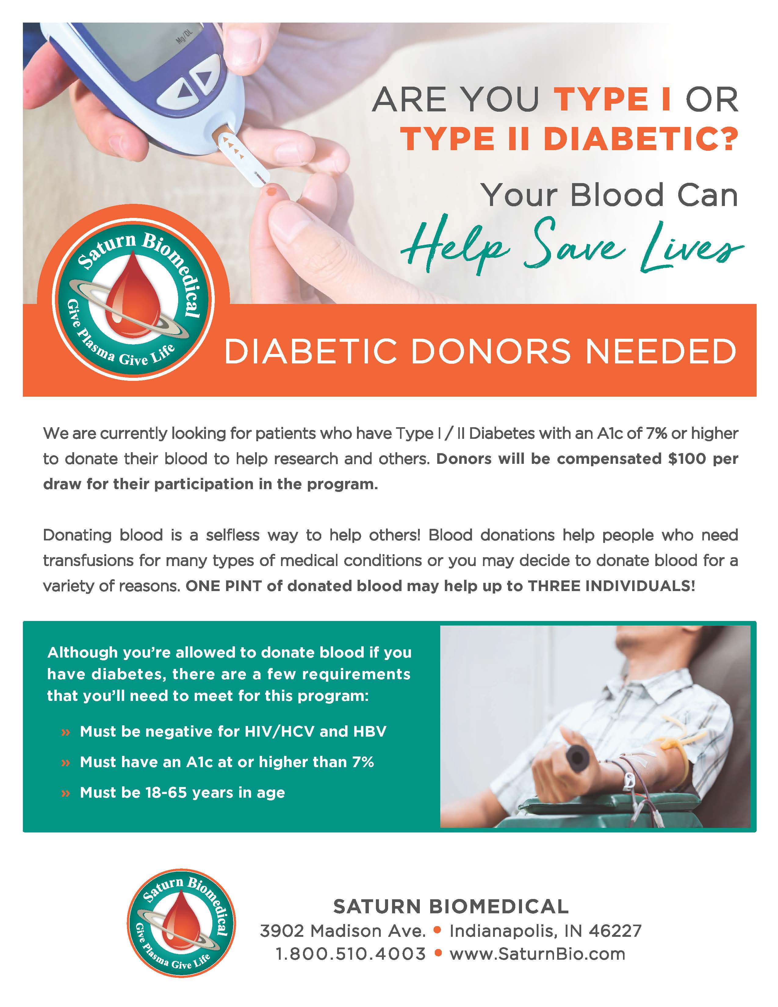 Diabetic blood donors needed, Type I & II, Call Today